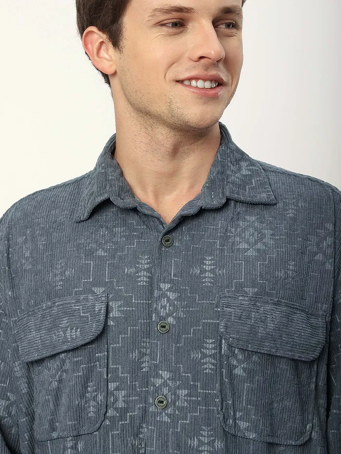 Grey Abstract Structured Corduroy Shirt