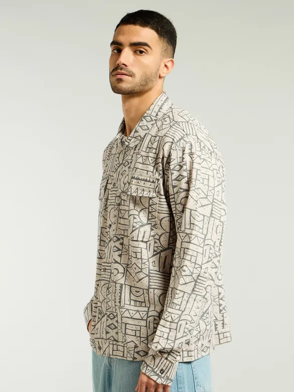 Grey and Beige Abstract Print Shacket