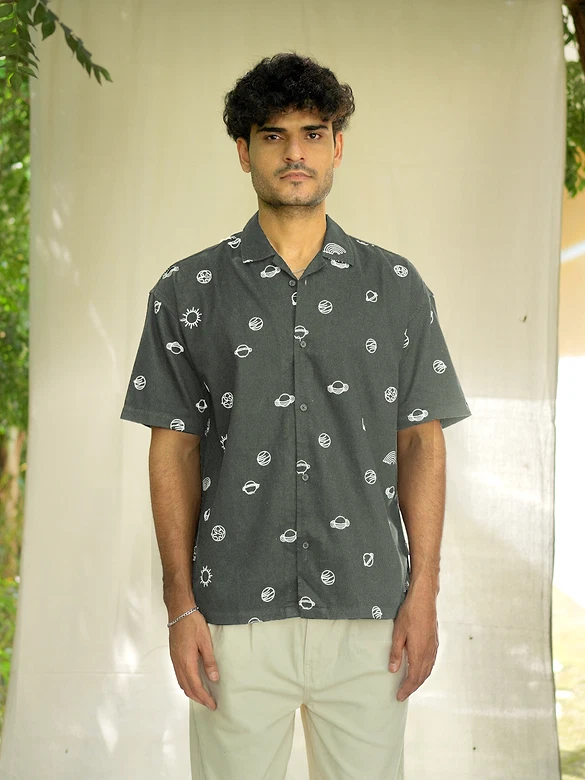 Grey Galaxy Embroidered Half Sleeve Shirt