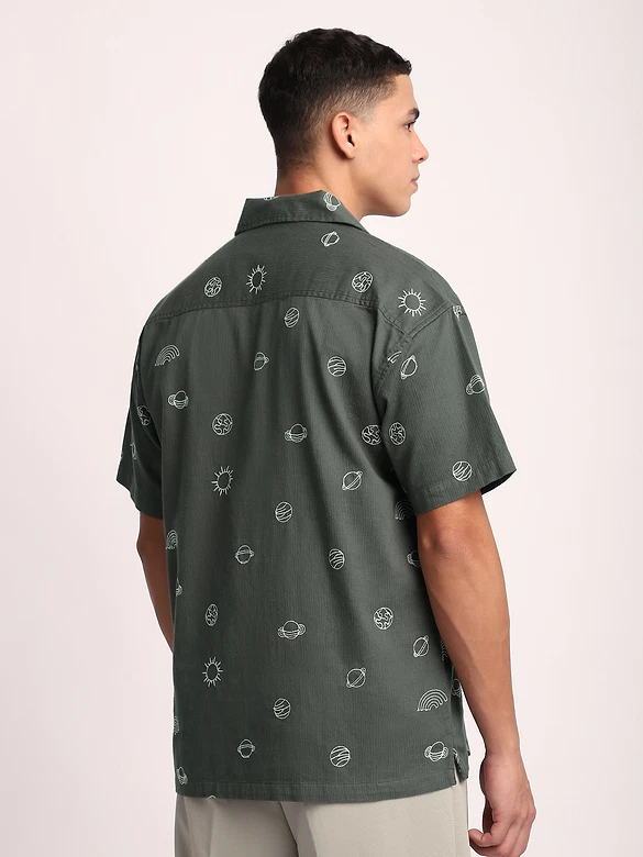Grey Galaxy Embroidered Half Sleeve Shirt