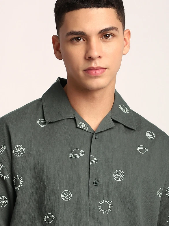 Grey Galaxy Embroidered Half Sleeve Shirt