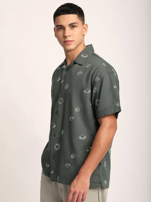 Grey Galaxy Embroidered Half Sleeve Shirt
