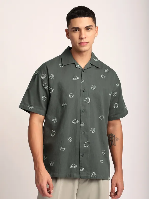 Grey Galaxy Embroidered Half Sleeve Shirt