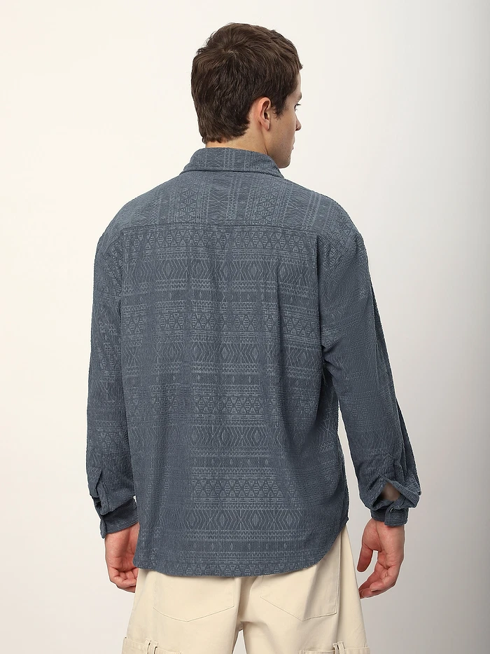 Grey Geometric Textured Corduroy Shirt