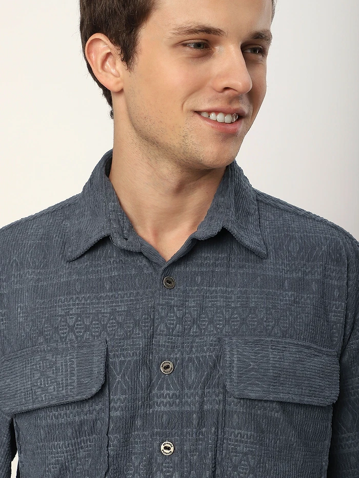 Grey Geometric Textured Corduroy Shirt
