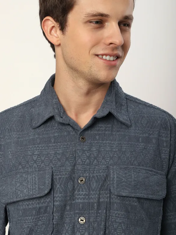 Grey Geometric Textured Corduroy Shirt