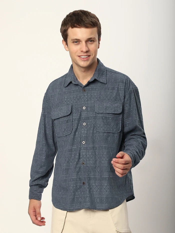 Grey Geometric Textured Corduroy Shirt