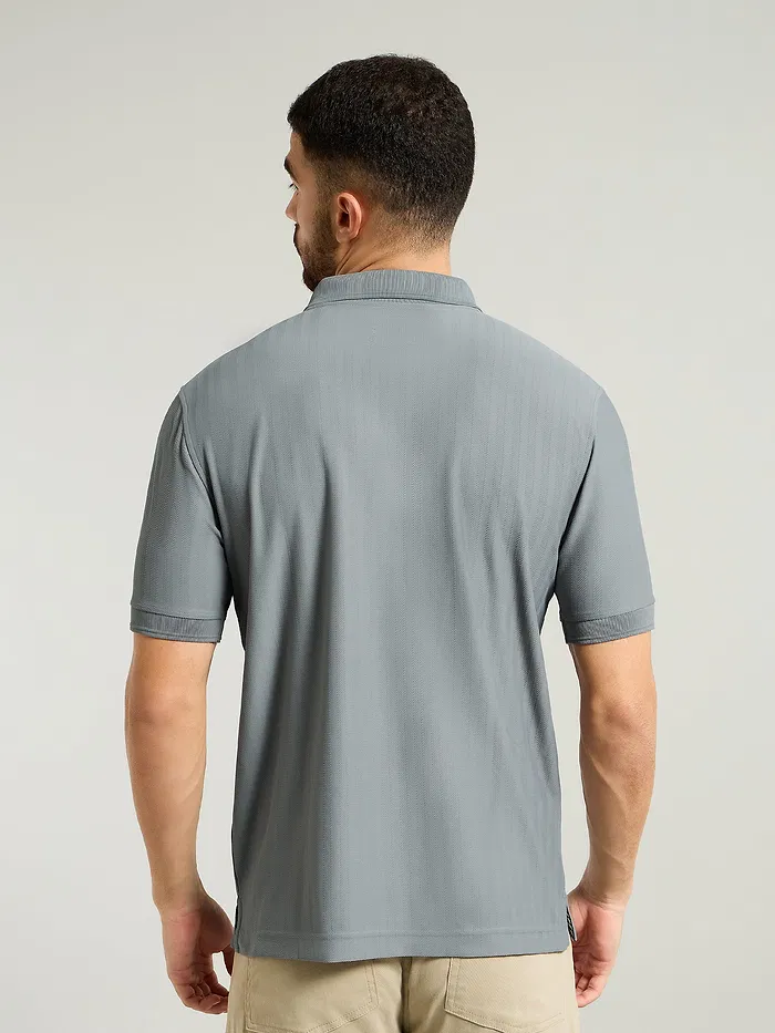 Grey Textured Zipper Polo T-shirt