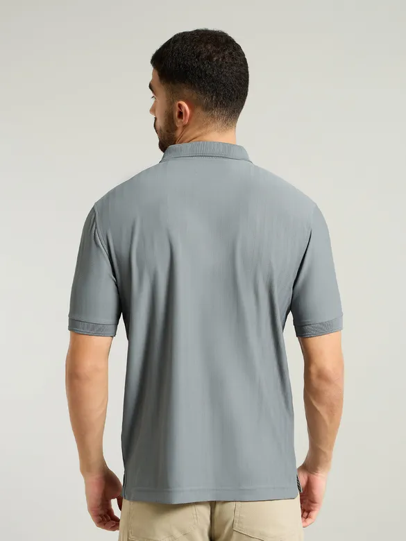 Grey Textured Zipper Polo T-shirt