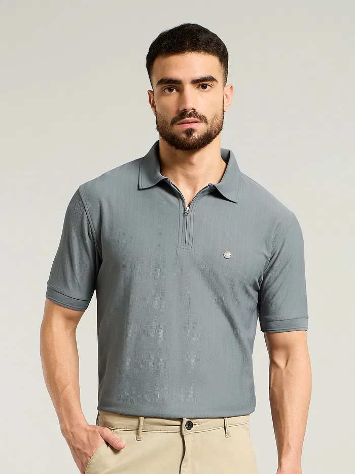 Grey Textured Zipper Polo T-shirt