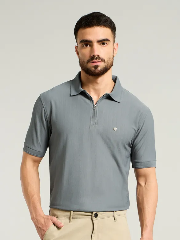 Grey Textured Zipper Polo T-shirt