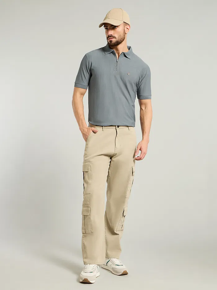 Grey Textured Zipper Polo T-shirt
