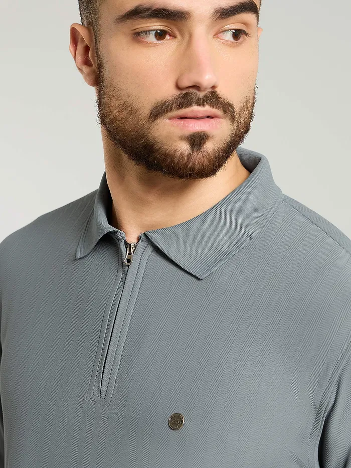 Grey Textured Zipper Polo T-shirt
