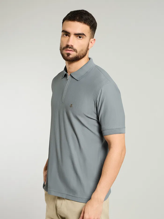 Grey Textured Zipper Polo T-shirt
