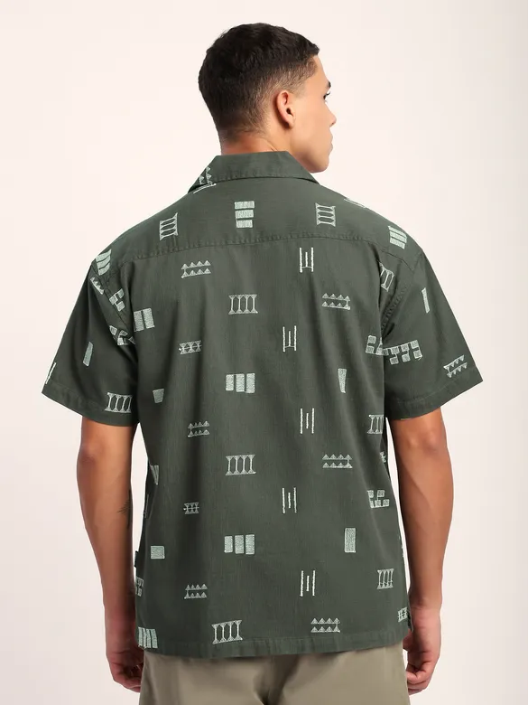 Greyish Green Geometric Embroidered Half Sleeve Shirt