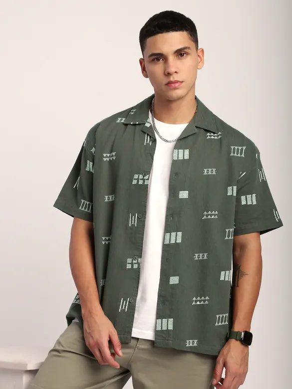 Greyish Green Geometric Embroidered Half Sleeve Shirt