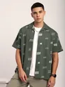 Greyish Green Geometric Embroidered Half Sleeve Shirt
