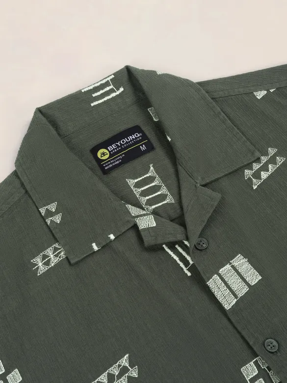 Greyish Green Geometric Embroidered Half Sleeve Shirt