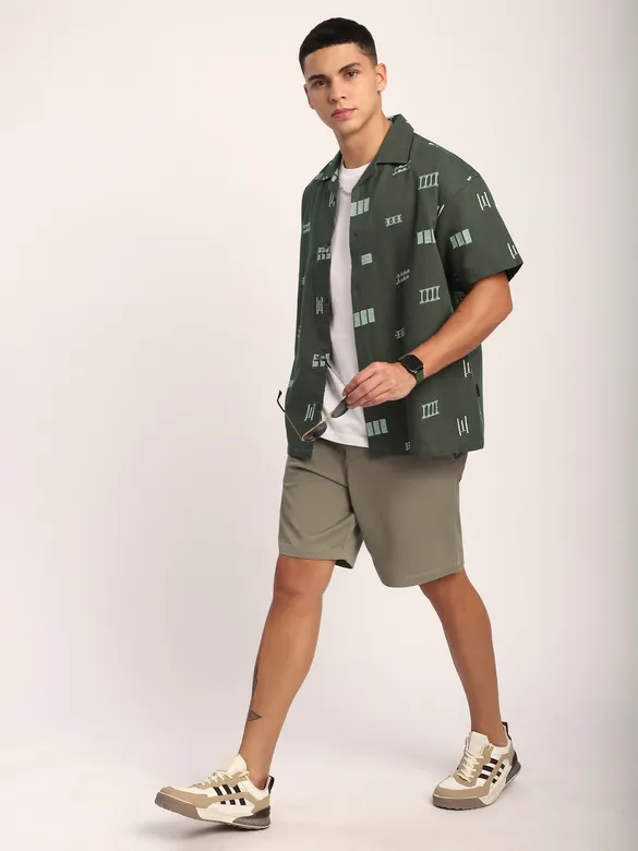 Greyish Green Geometric Embroidered Half Sleeve Shirt