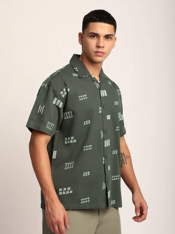 Greyish Green Geometric Embroidered Half Sleeve Shirt