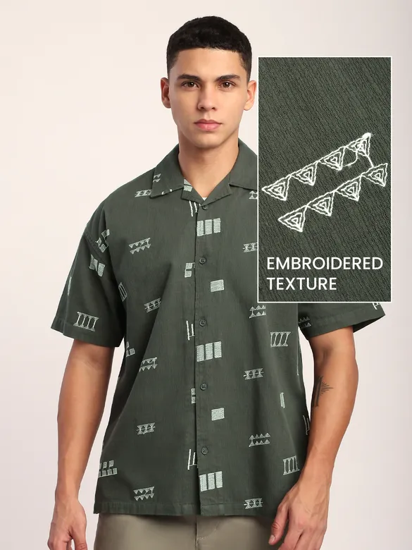 Greyish Green Geometric Embroidered Half Sleeve Shirt