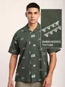 Greyish Green Geometric Embroidered Half Sleeve Shirt