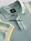 Ice Blue Vertical Striped Flat Knit Polo T-Shirt