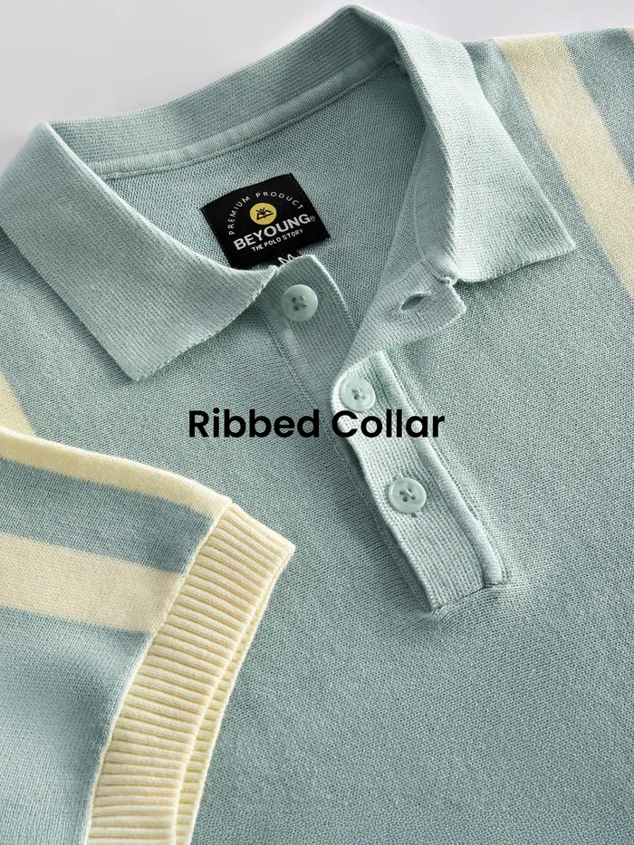 Ice Blue Vertical Striped Flat Knit Polo T-Shirt