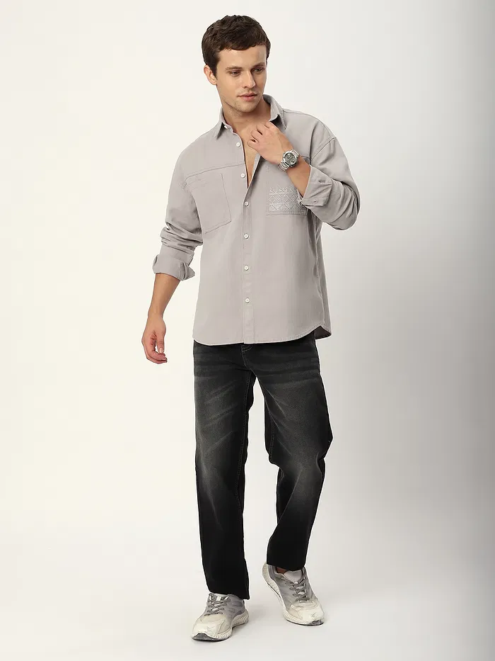 Light Grey Dual Pocket Embroidered Shirt