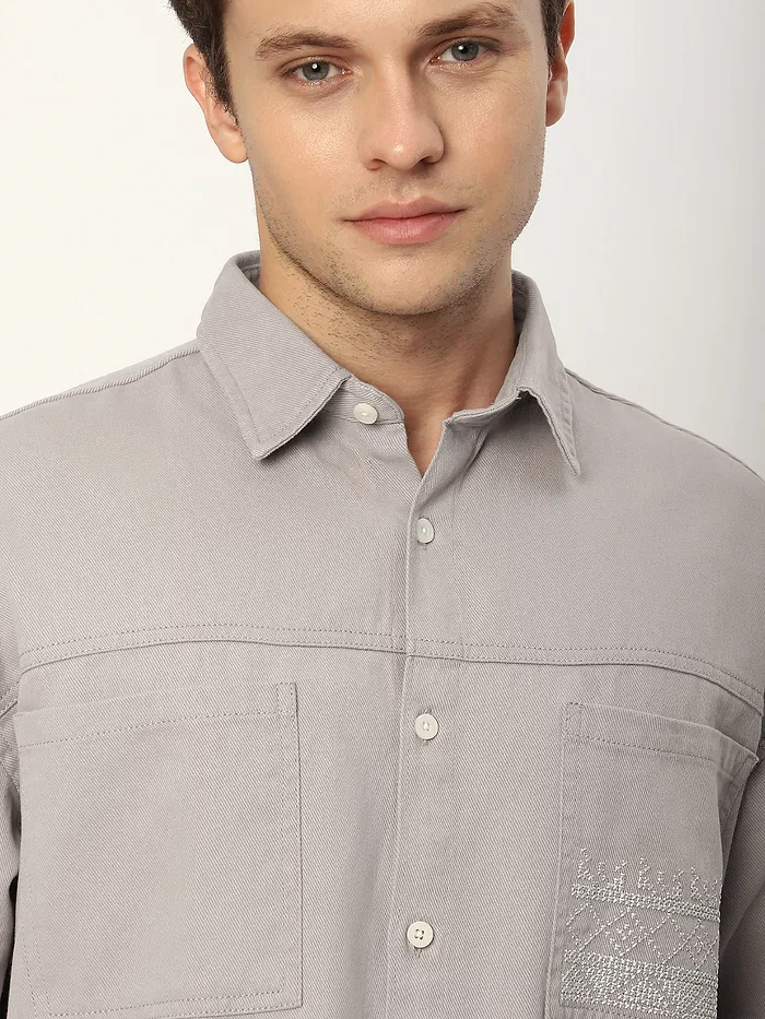 Light Grey Dual Pocket Embroidered Shirt