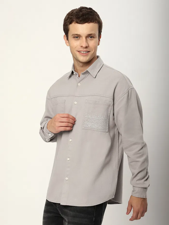 Light Grey Dual Pocket Embroidered Shirt