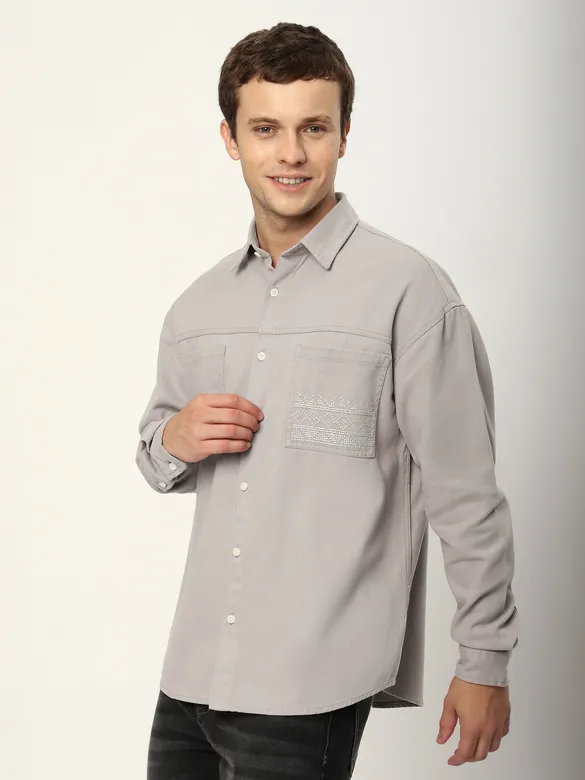Light Grey Dual Pocket Embroidered Shirt