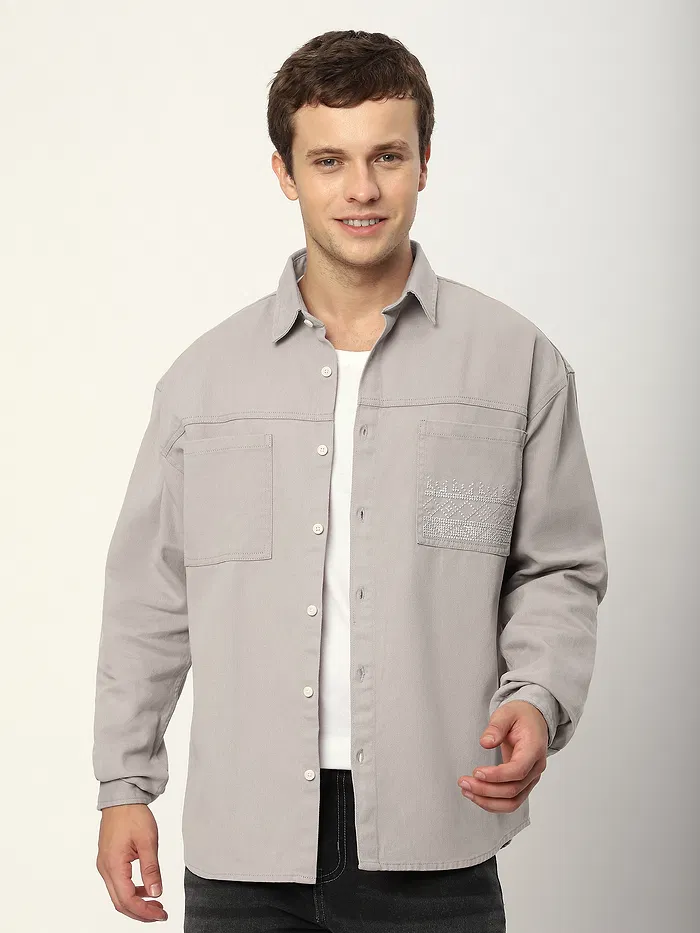 Light Grey Dual Pocket Embroidered Shirt