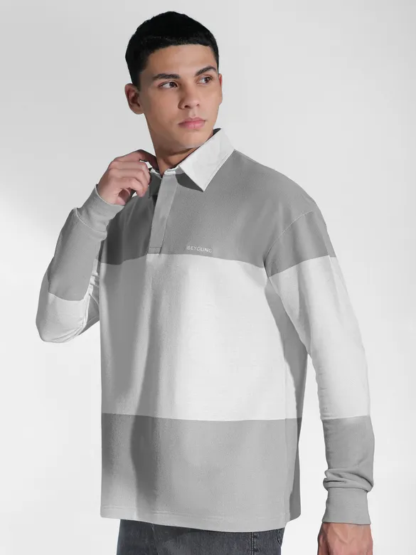 Light Grey Striped Polo Sweatshirt