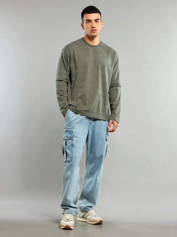 Light Olive Green Dual Sleeve Oversized T-Shirt