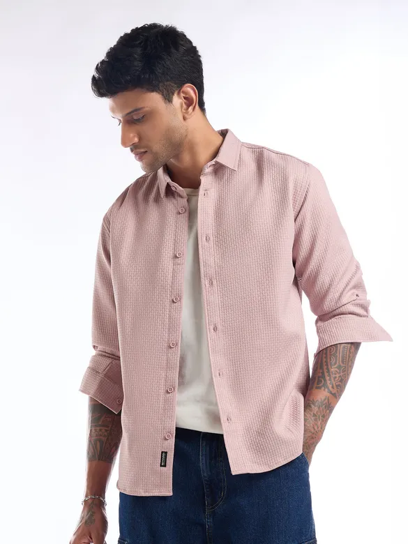 Light Pink Full Sleeve Waffle Shirt For Men