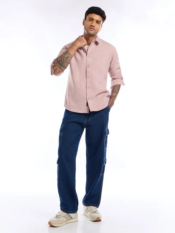 Light Pink Full Sleeve Waffle Shirt For Men