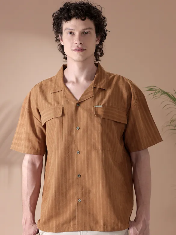 Maple Orange Suede Half-Sleeves Shirt for Men