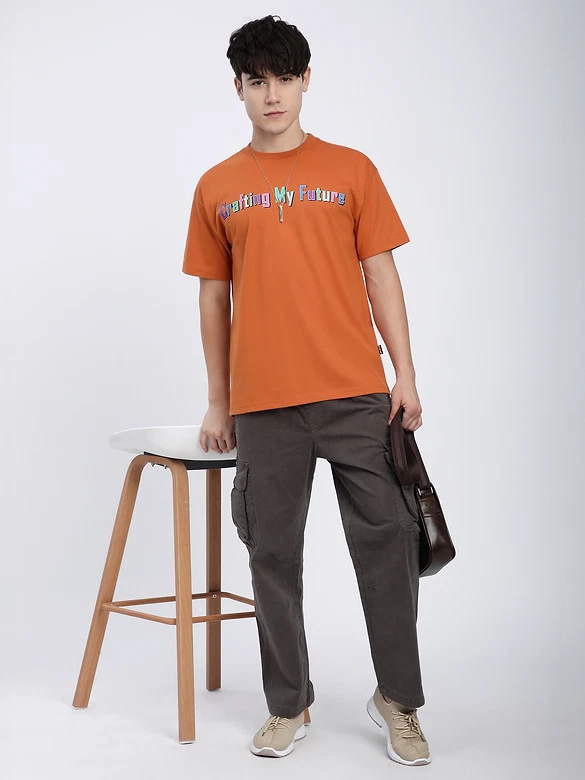 Maple Orange Typography Printed Oversized T-Shirt