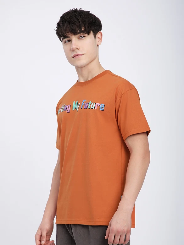 Maple Orange Typography Printed Oversized T-Shirt
