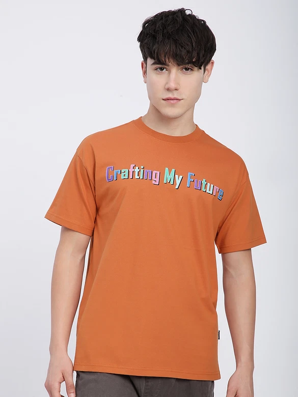 Maple Orange Typography Printed Oversized T-Shirt