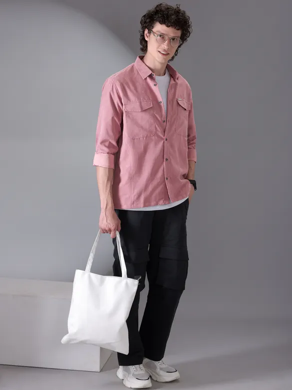 Mauve Pink Plain Suede Urban Shirt for Men