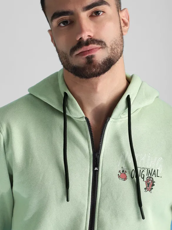 Mint Green Printed Zipper Hoodie