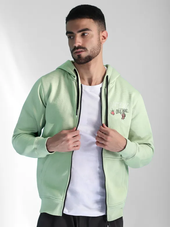 Mint Green Printed Zipper Hoodie