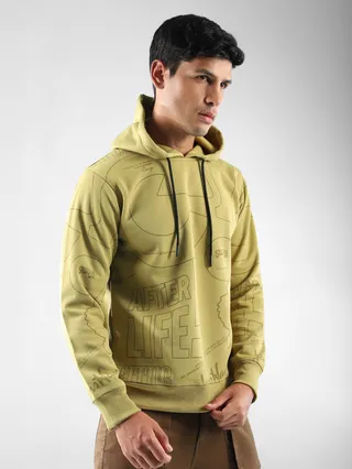 Yellow printed hoodie for men with graphic design.
