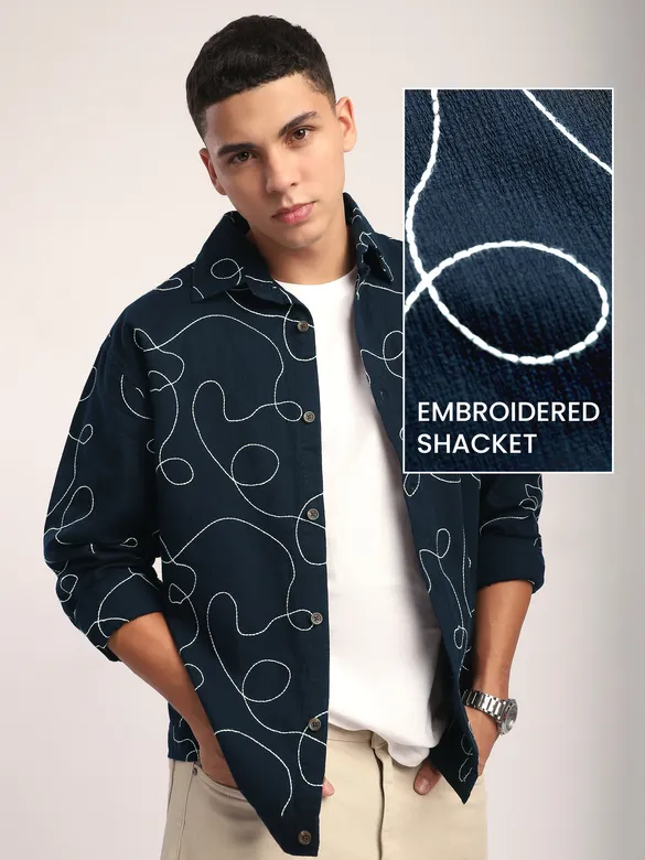 Blue mens shacket with white embroidery, 