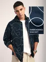 Blue mens shacket with white embroidery, 