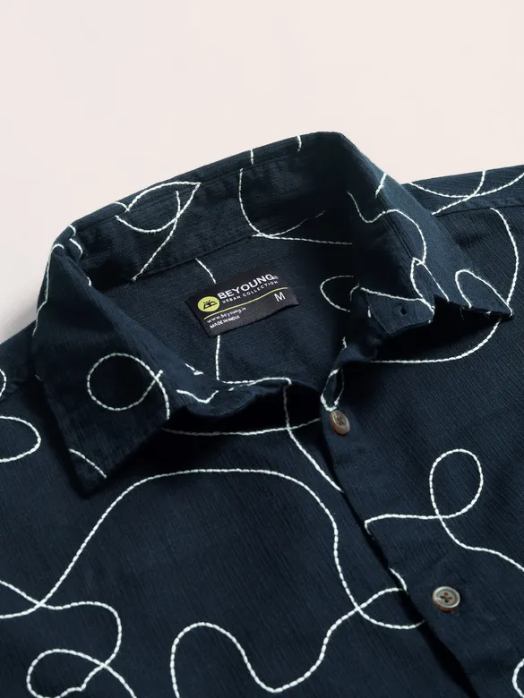 Navy Blue Abstract Embroidered Shacket