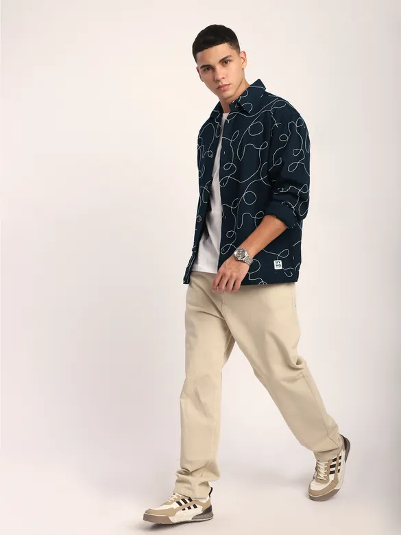 Navy Blue Abstract Embroidered Shacket