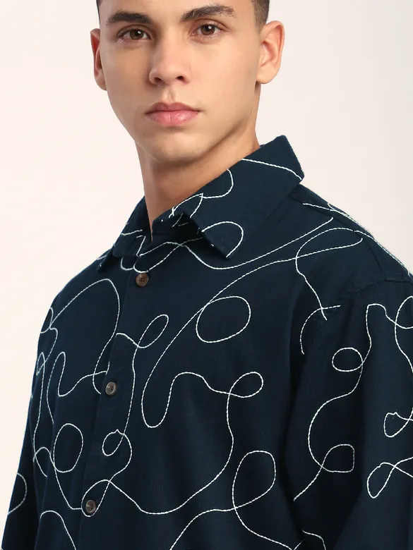 Navy Blue Abstract Embroidered Shacket